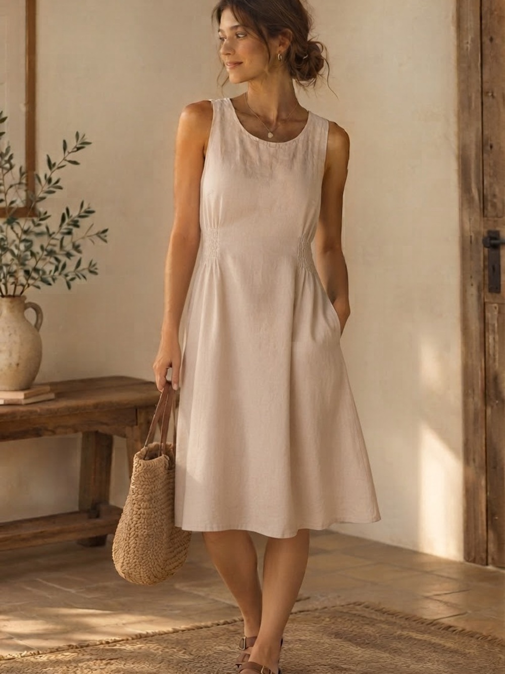 Piazza Del Tempio | Dress | 100% Linen | Earthy Minimalist Midi | Size M